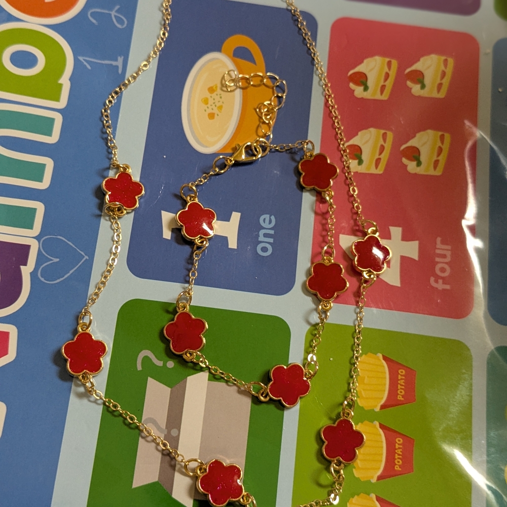 Red Flower Gold Chain Necklace& Bracelet set